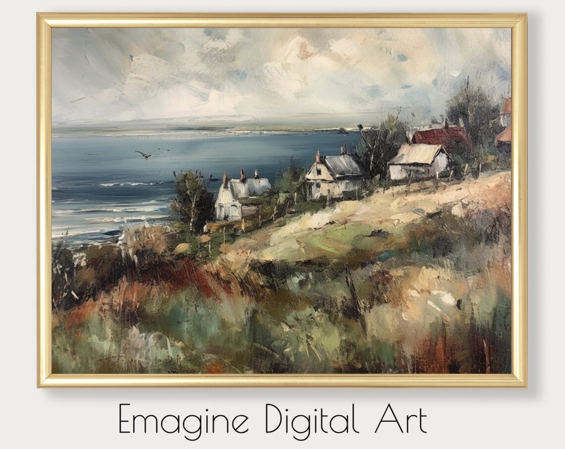 Vintage Coastal Village Harbor Painting Seaside Landscape Art Poster