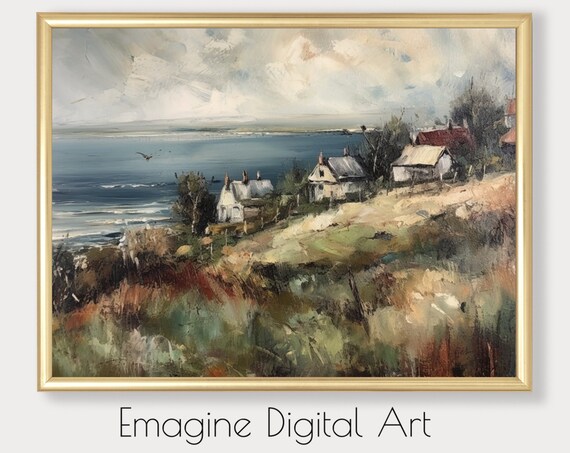 Vintage Coastal Village Harbor Painting Seaside Landscape Art Poster