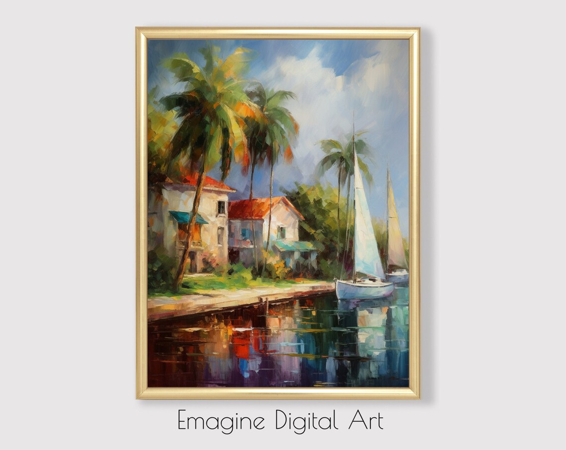 Tropical Caribbean Harbor Sailboats Palm Trees Oil Painting Poster