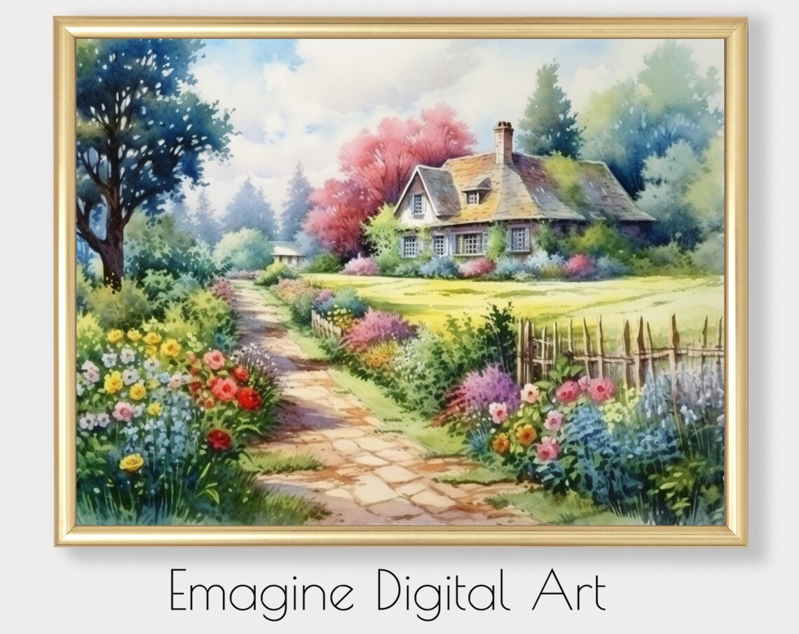 Country Home and Flower Garden Watercolor Art Print