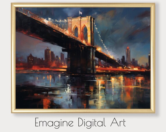 Brooklyn Bridge at Night Glowing City Lights Oil Painting Poster