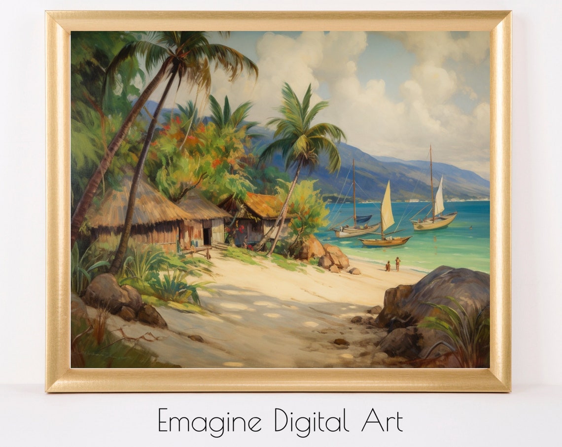 Tropical Beach Palm Trees Sailboats Island Cove Impressionist Poster