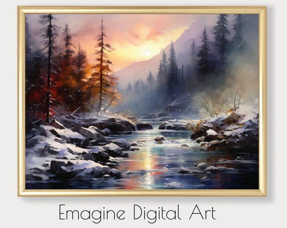 Art Winter Wilderness River At Sunset Rustic Wall Decor To Instantly Print And Frame Ls47