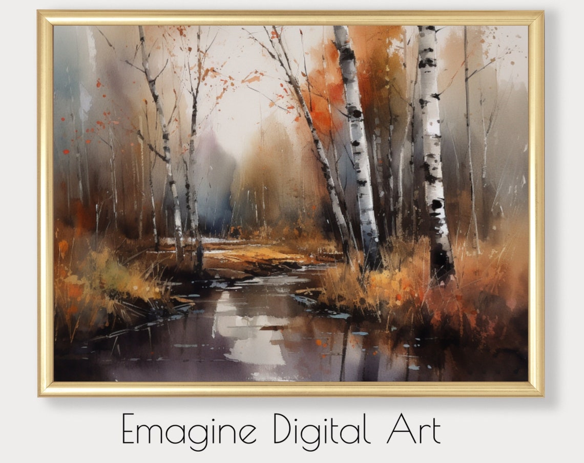 Art Autumn Birch Forest And Stream Wilderness Nature Wall Decor To Instantly Print Frame Ls43