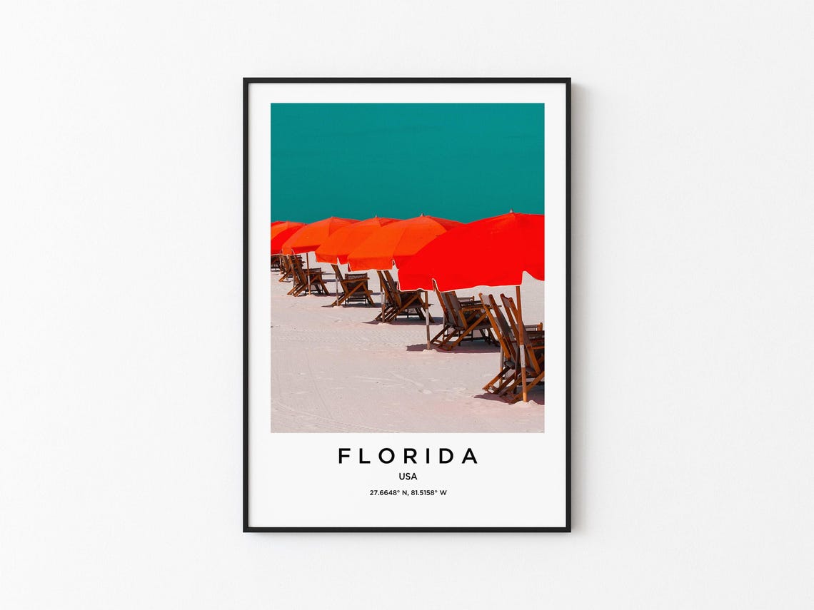 Florida USA Bright Red Beach Umbrellas Lined on White Sand Poster