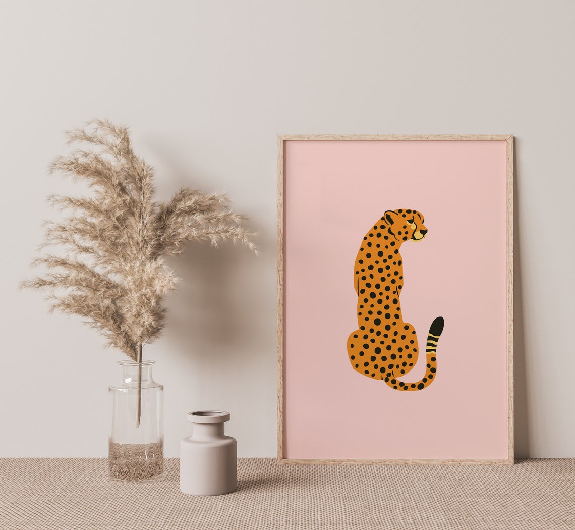 Sitting Cheetah Spotted Cat Blush Pink Pop Art Animal Wall Print - Image 2