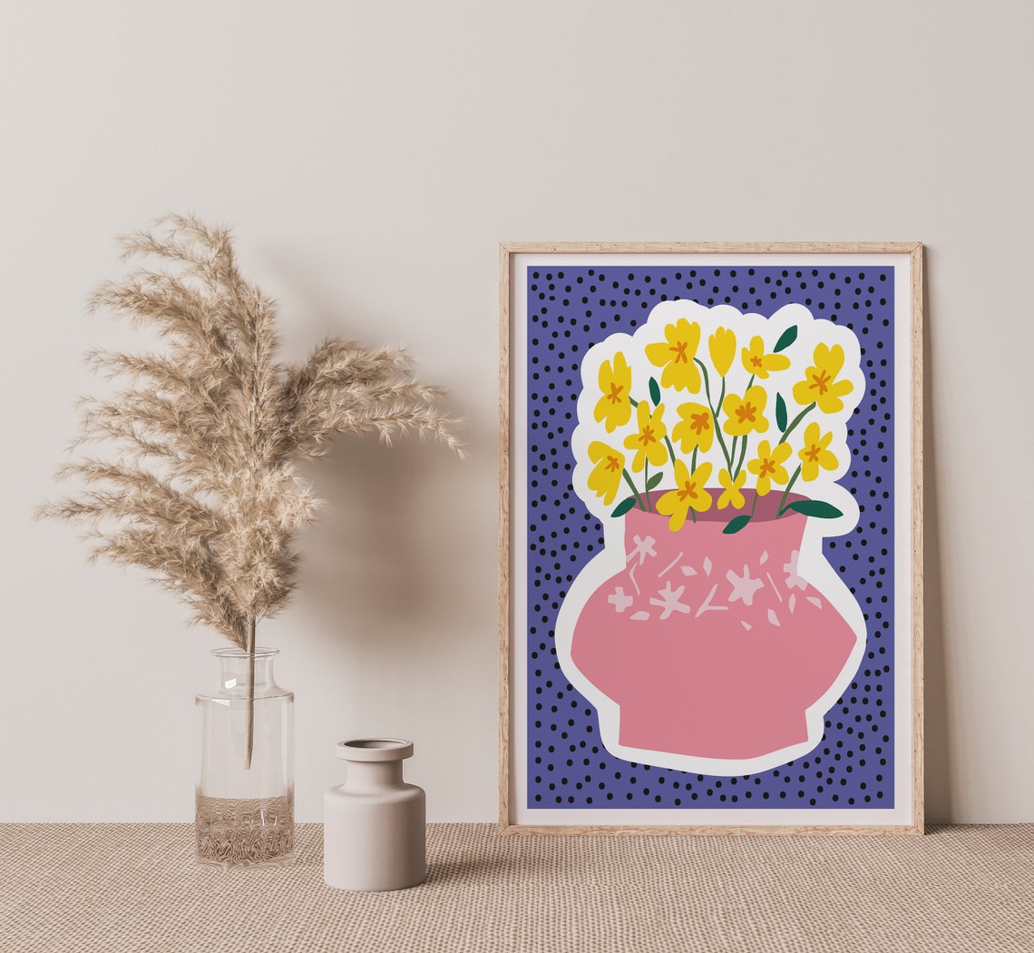 Pop Art Yellow Flowers Pink Vase Purple Polka Dot Art Poster - Image 2