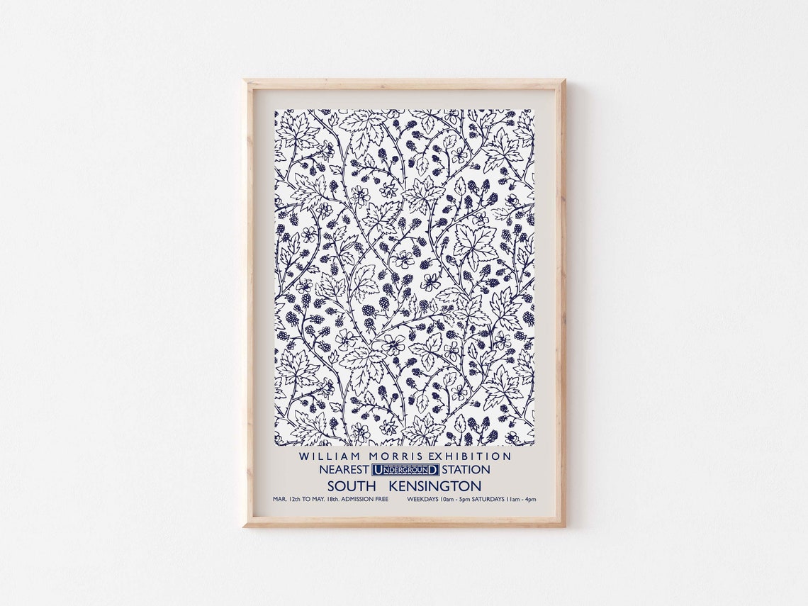 William Morris Exhibition Navy Blue Line Art Botanical Poster - Image 3