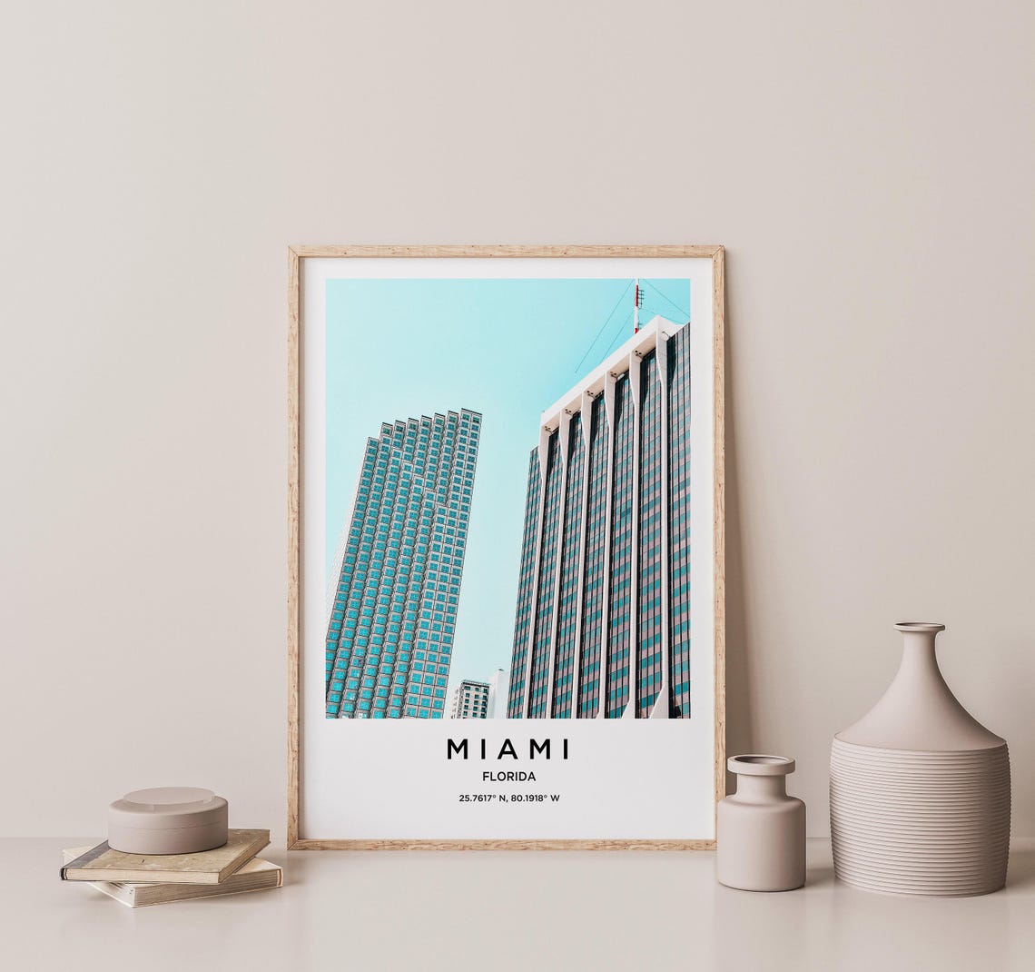 Miami Florida Downtown Skyscrapers Palm Trees Teal Sky Travel Poster - Image 2