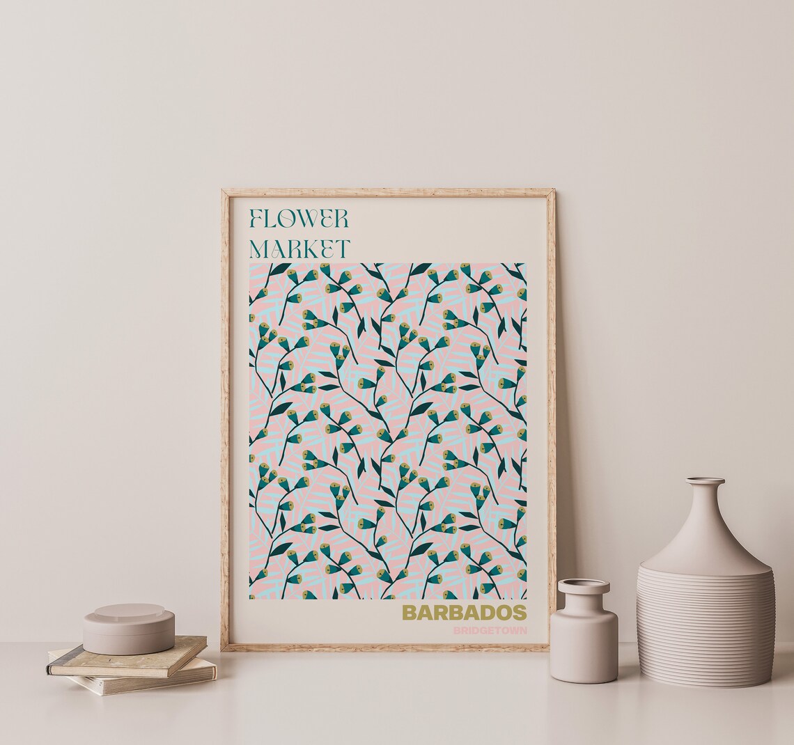 Barbados Bridgetown Tropical Pink Teal Leaf Flower Market Poster - Image 3