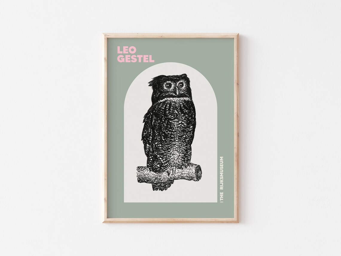 Leo Gestel Line Art Exhibition Poster, Vintage Owl