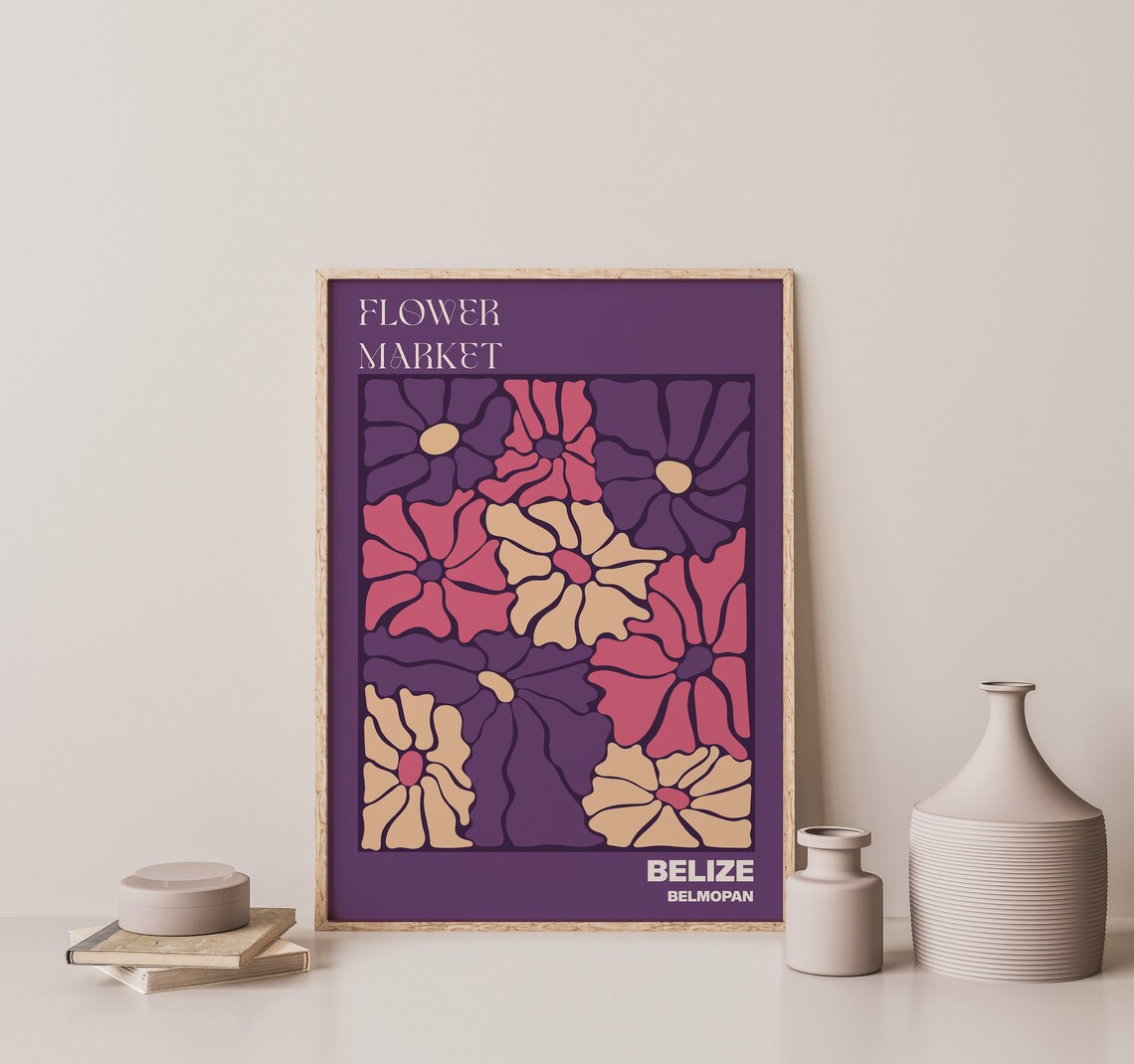Belize Belmopan Bold Purple Flower Market Blossom Grid Art Poster - Image 3
