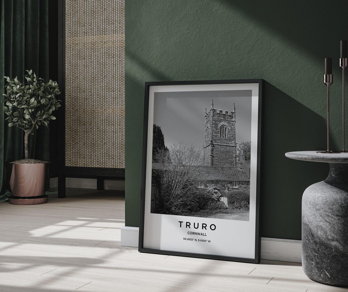 Truro Cornwall Historic Stone Church Tower Black and White Poster - Image 2