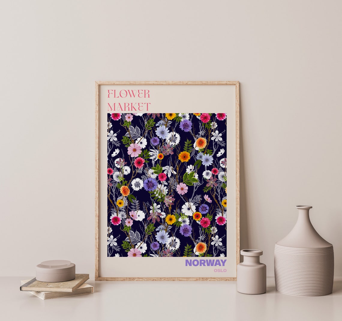 Flower Market Norway Oslo Night Garden Floral Deep Navy Poster - Image 3