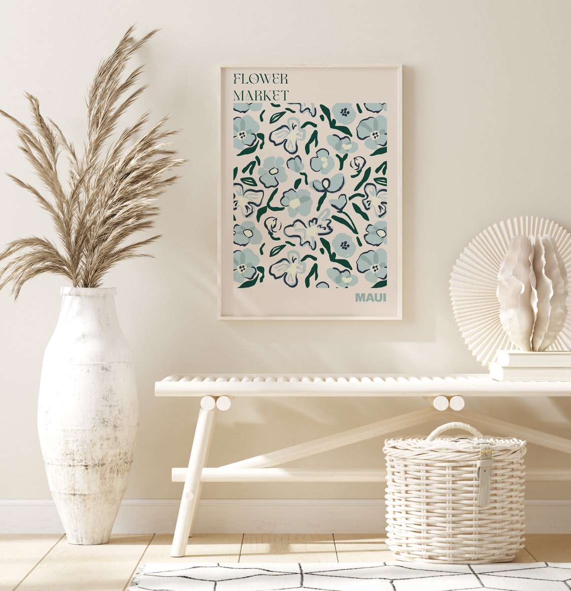 Maui Flower Market Hand Drawn Blue Green Blossom Pattern Art Poster - Image 2