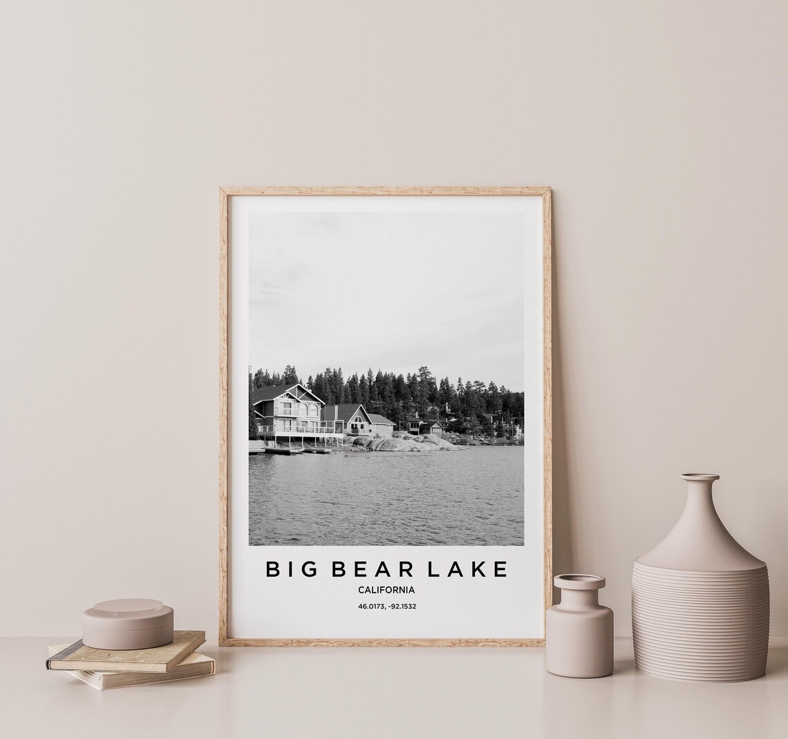 Big Bear Lake California Lakeside Cabins Black and White Photography Poster - Image 2