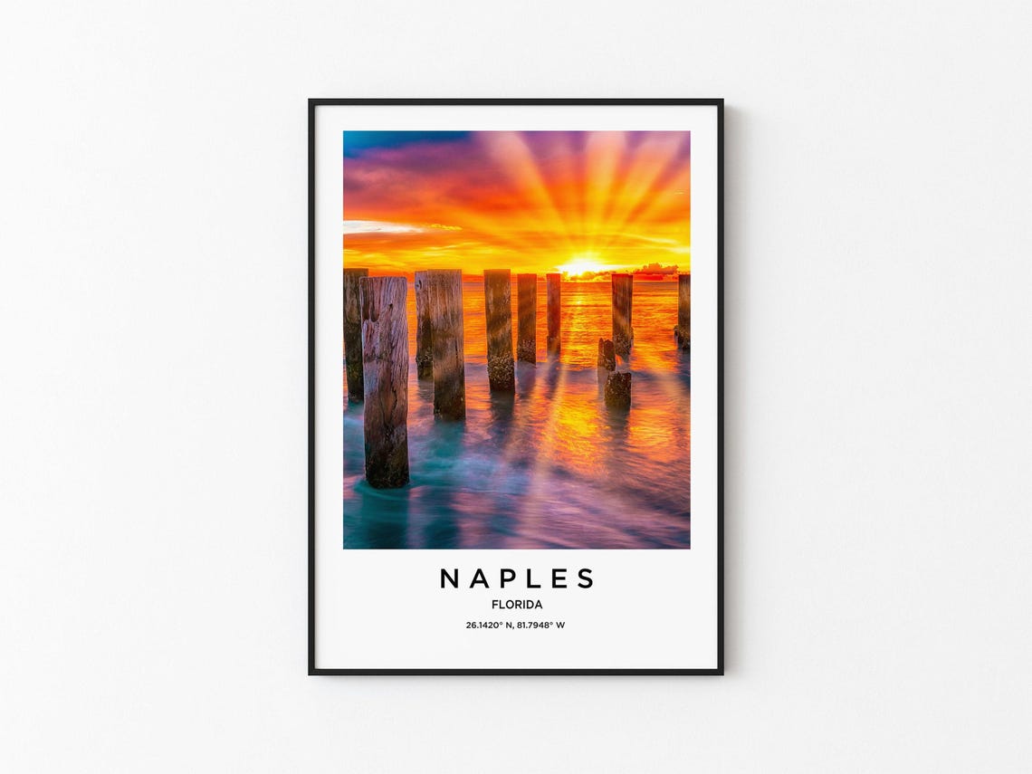 Naples Florida Dramatic Old Pier Pilings Sunset Over Ocean Poster