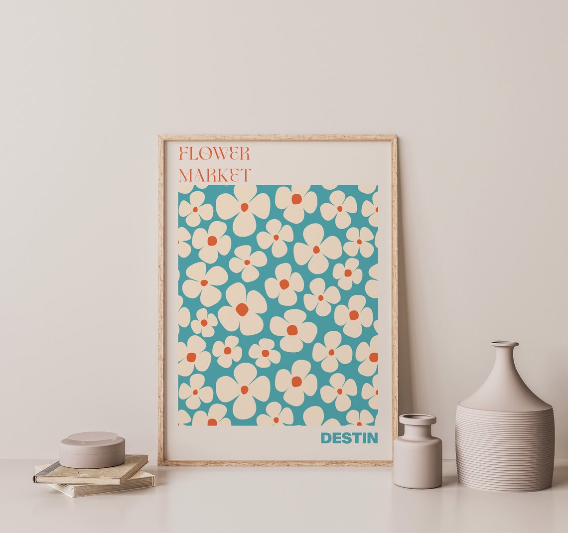 Destin Florida Flower Market Retro Daisy Teal Pattern Poster - Image 2