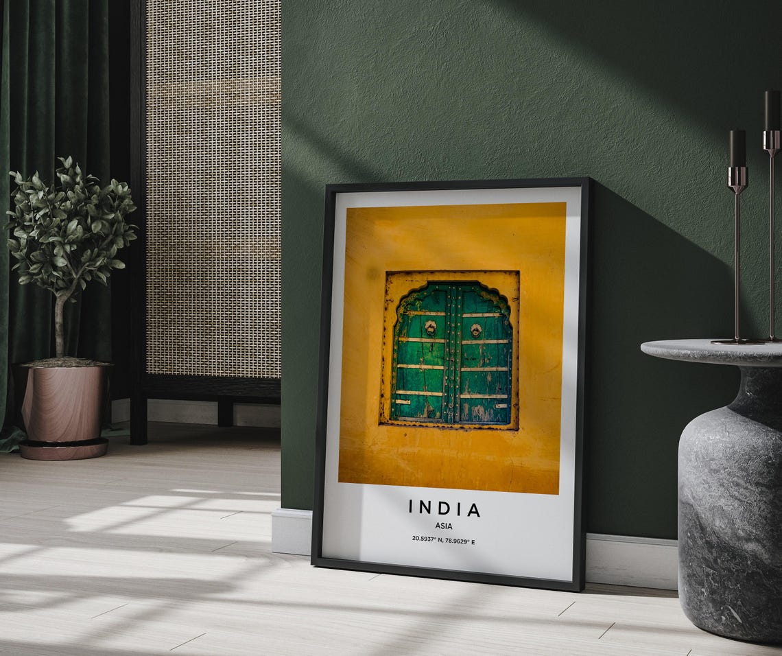 India Ornate Green Wooden Door Mustard Yellow Wall Heritage Poster - Image 2