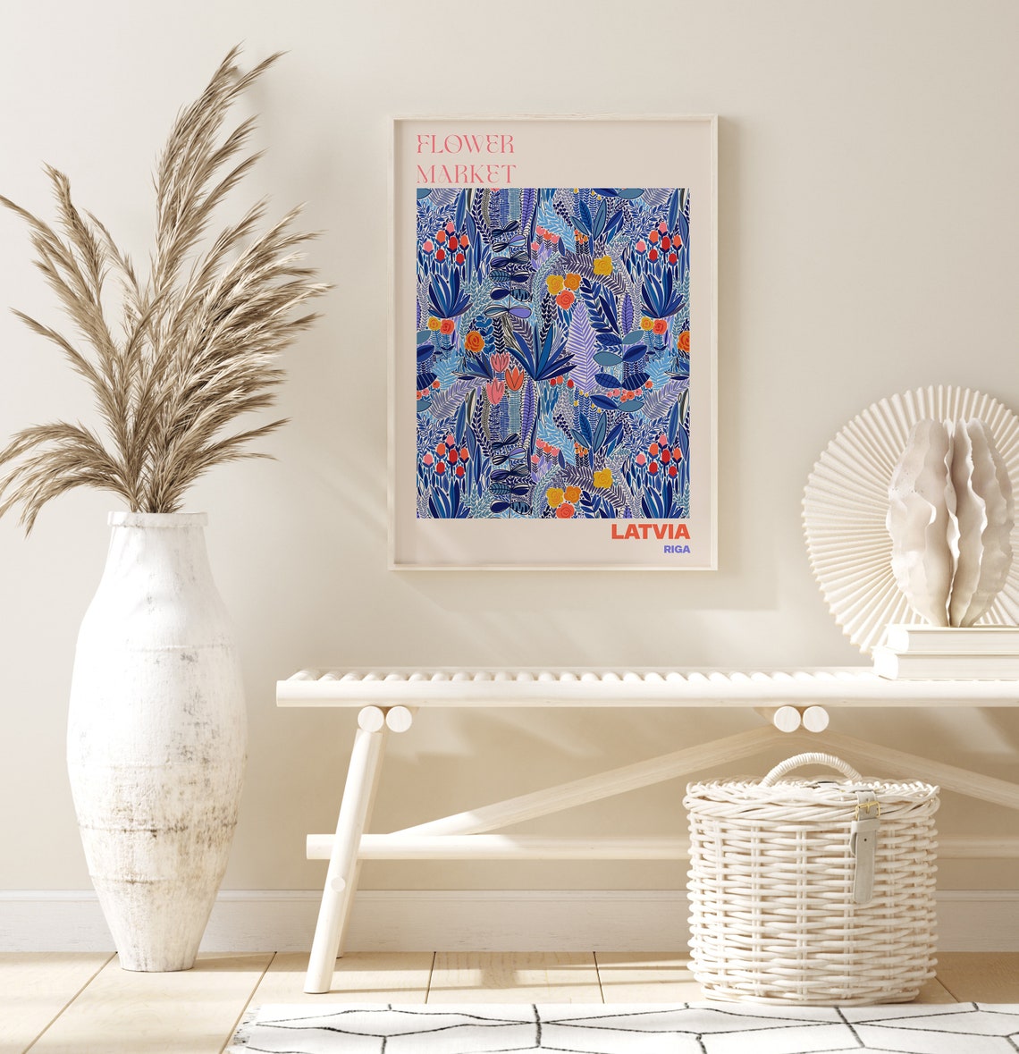 Latvia Flower Market Poster Riga Deep Blue Botanical Artwork - Image 2
