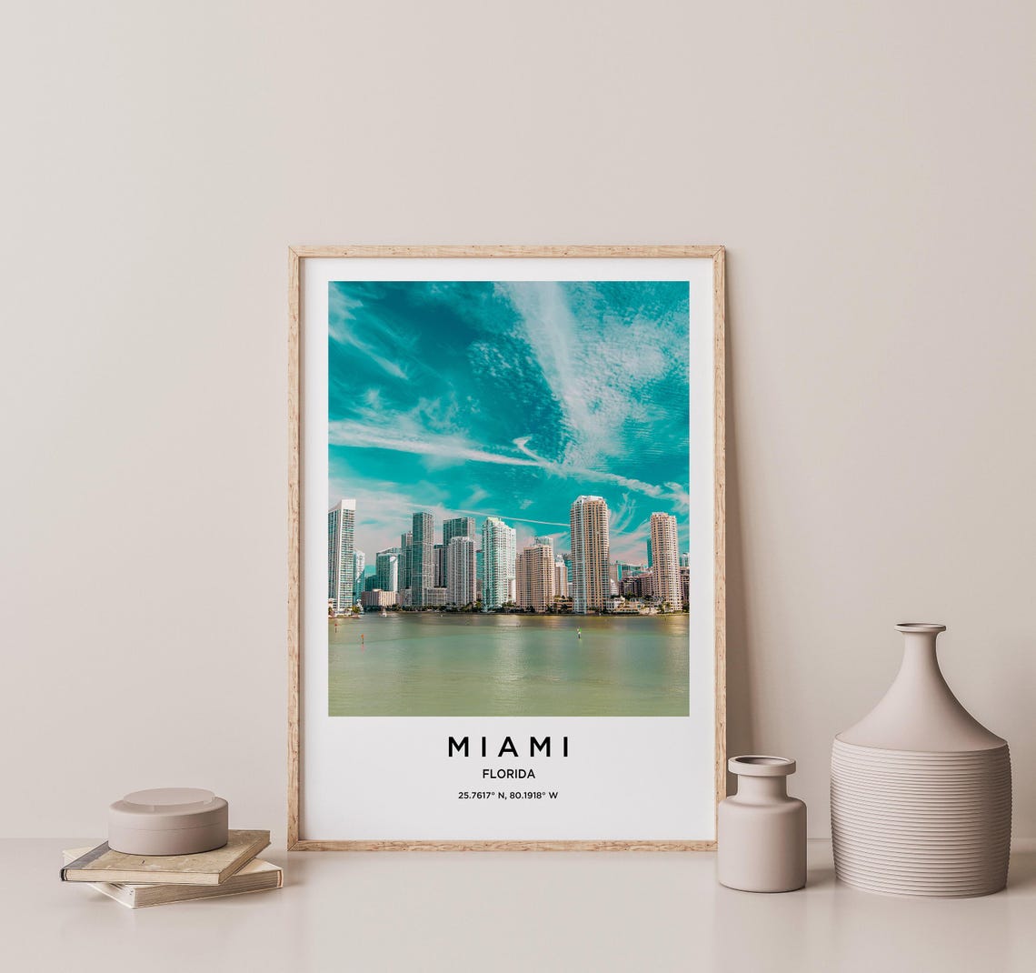 Miami Florida Teal Sky Downtown Skyline Waterfront Cityscape Poster - Image 2