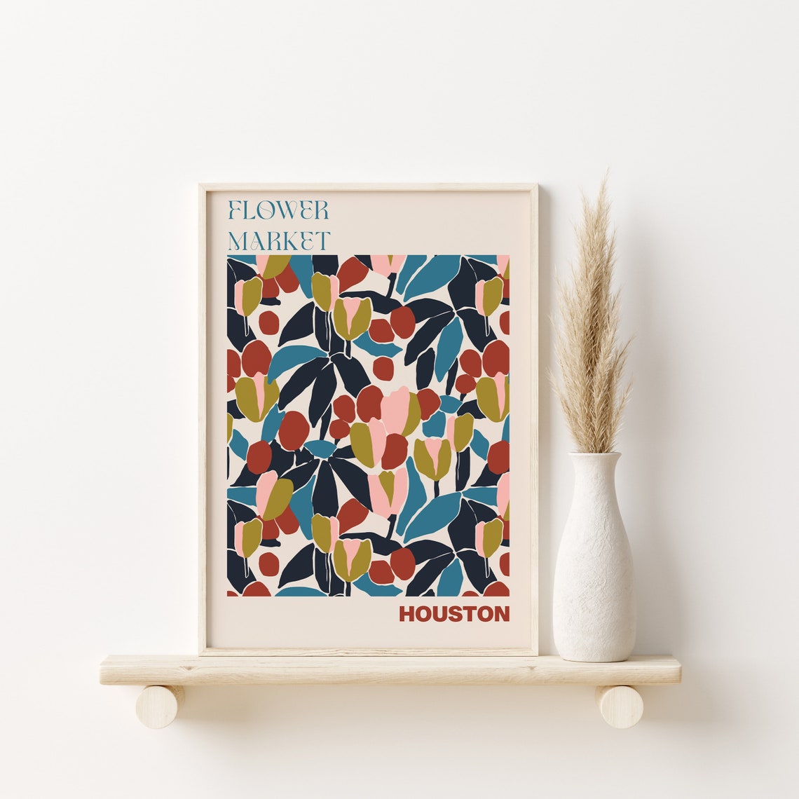 Houston Flower Market Teal Tulip Bud Rust Navy Pattern Poster - Image 3