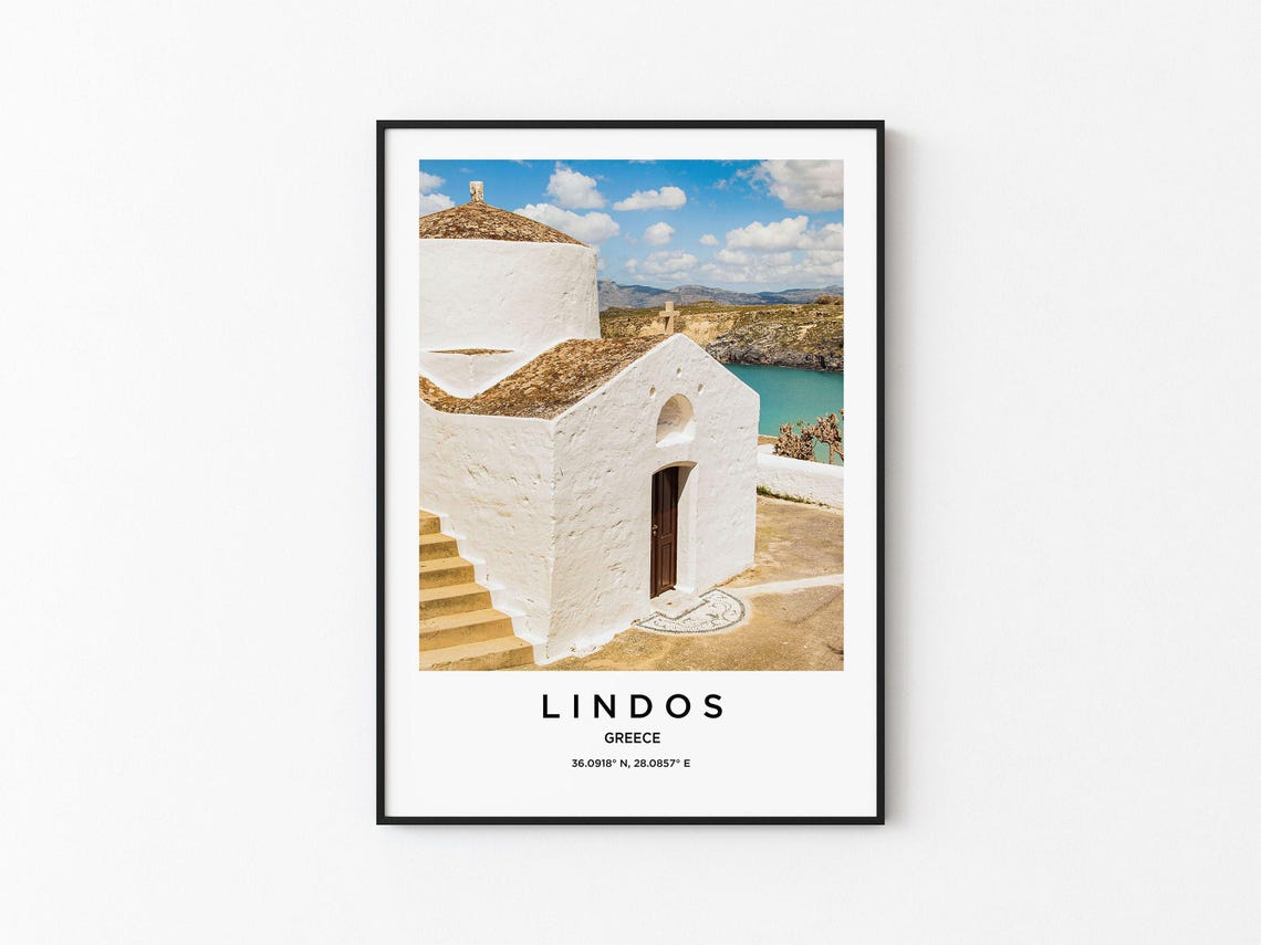 Lindos Greece Whitewashed Chapel Overlooking Turquoise Bay Poster