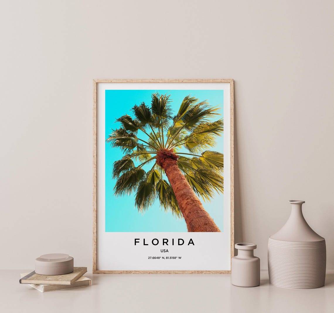 Florida Towering Palm Tree Crown Teal Sky Minimalist Travel Poster - Image 2
