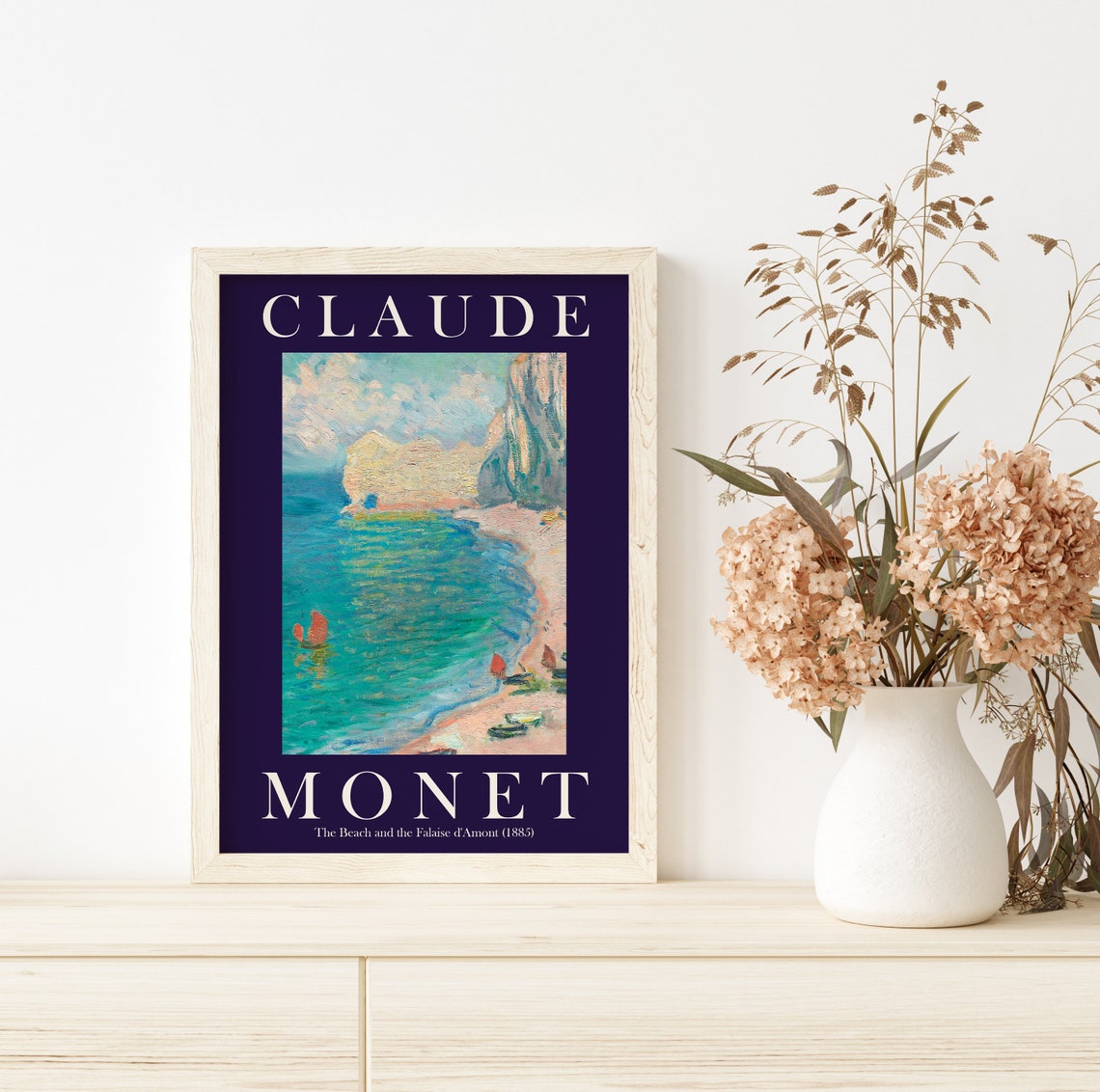Claude Monet Beach and Falaise d'Amont 1885 Navy Border Poster - Image 2