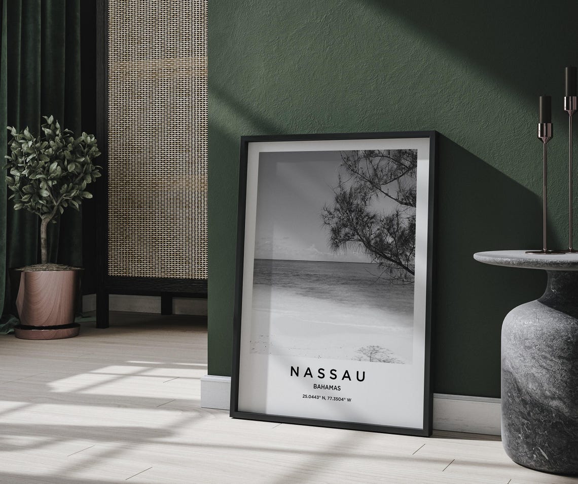 Nassau Bahamas Black White Beach Ocean Monochrome Wall Poster - Image 2