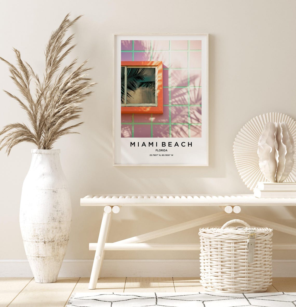 Miami Beach Pink Tiled Wall Orange Window Palm Shadows Design Poster - Image 3