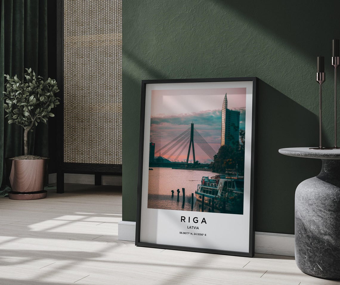 Riga Latvia Pink Sunset Vansu Bridge Daugava River Glow Poster - Image 2
