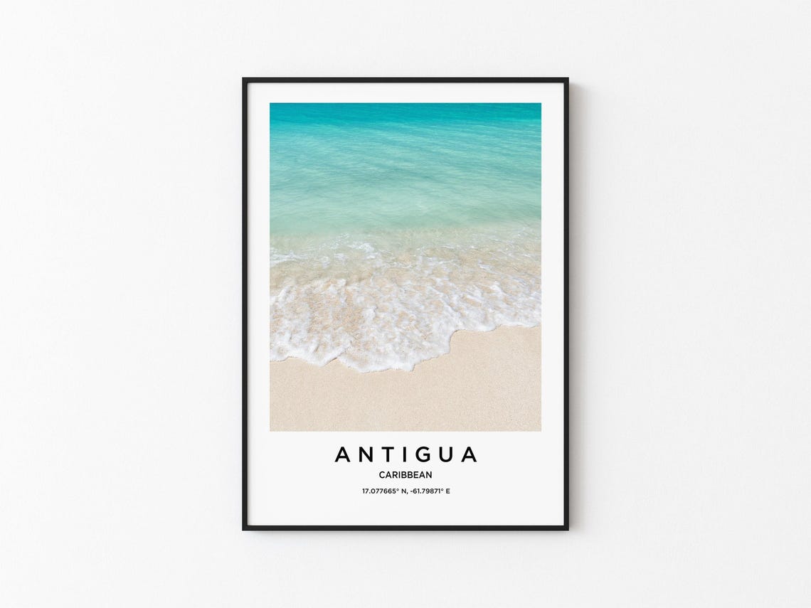 Antigua Caribbean Turquoise Waves White Sand Minimalist Travel Poster
