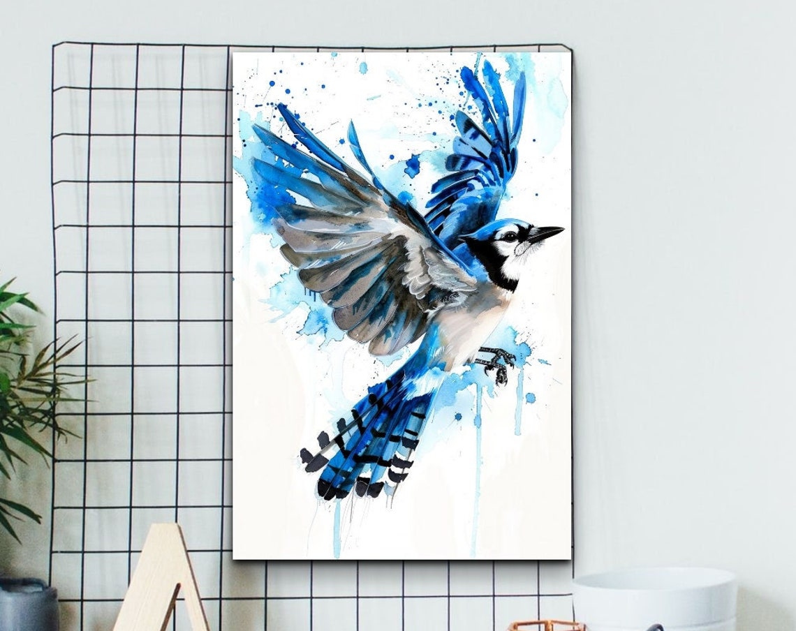 Blue Jay Soaring With Wings Spread Watercolor Paint Splatter Poster