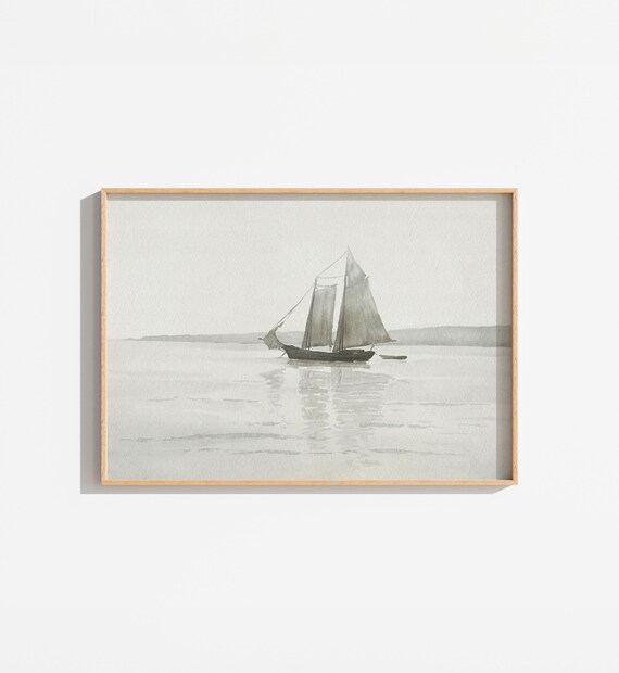 Vintage Minimal Sailboat Watercolor Painting Calm Sea Wall Art