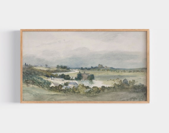 Frame Tv Art Vintage Field Painting Green Landscape Cottage Style Art