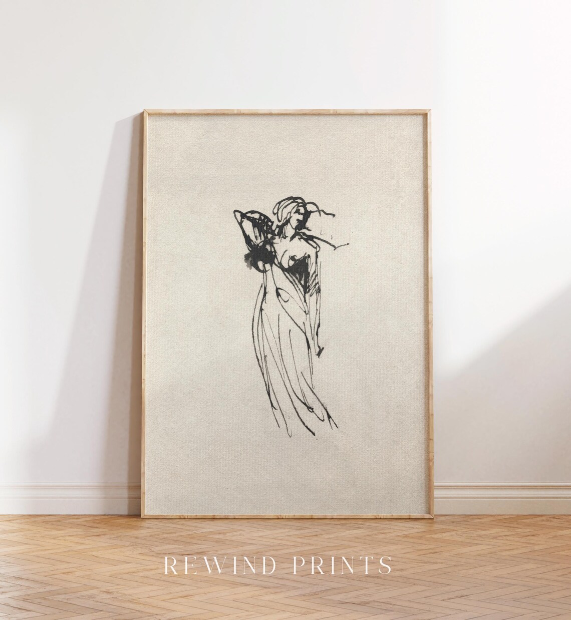 Vintage Ink Sketch Woman Drapery Figure Minimalist Antique Line Art Poster - Image 5