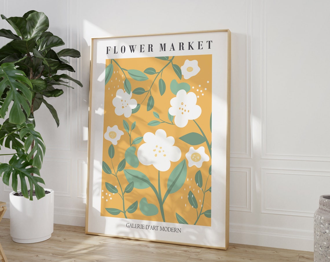 Flower Market White Blossoms on Sunny Yellow Gallery Wall Art