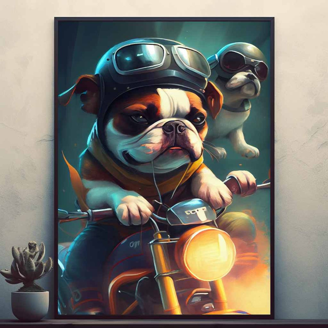 Biker Bulldog Puppies Riding a Motorcycle Funny Cartoon Poster