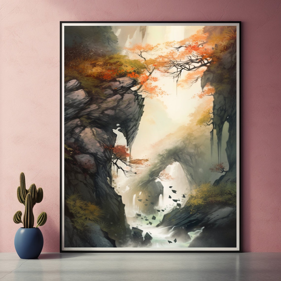 Misty Cliff Waterfall in Autumn Gorge Fantasy Landscape Poster