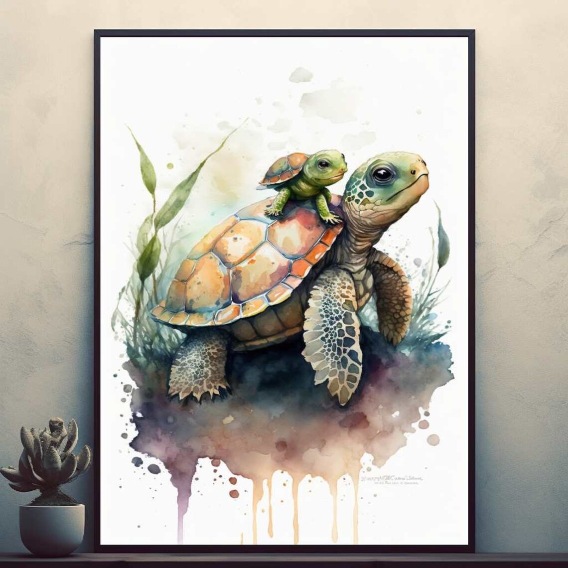 Sea Turtle Mom And Baby Watercolor Ocean Wildlife Nursery Poster