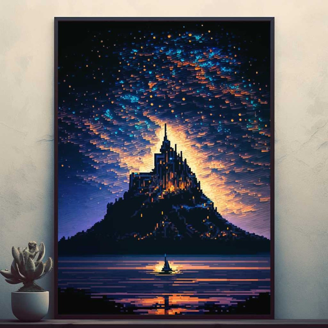 Glowing Island Abbey At Dusk Pixel Art Starry Night Sky Poster