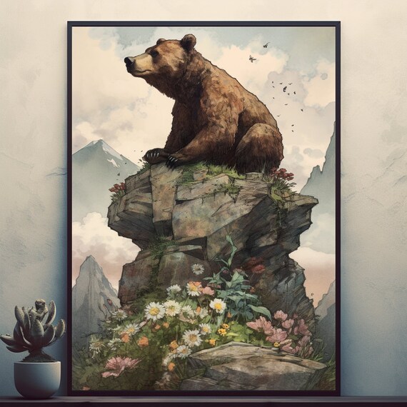 Mighty Brown Bear On Rocky Mountain Perch Ringed With Wildflowers Poster