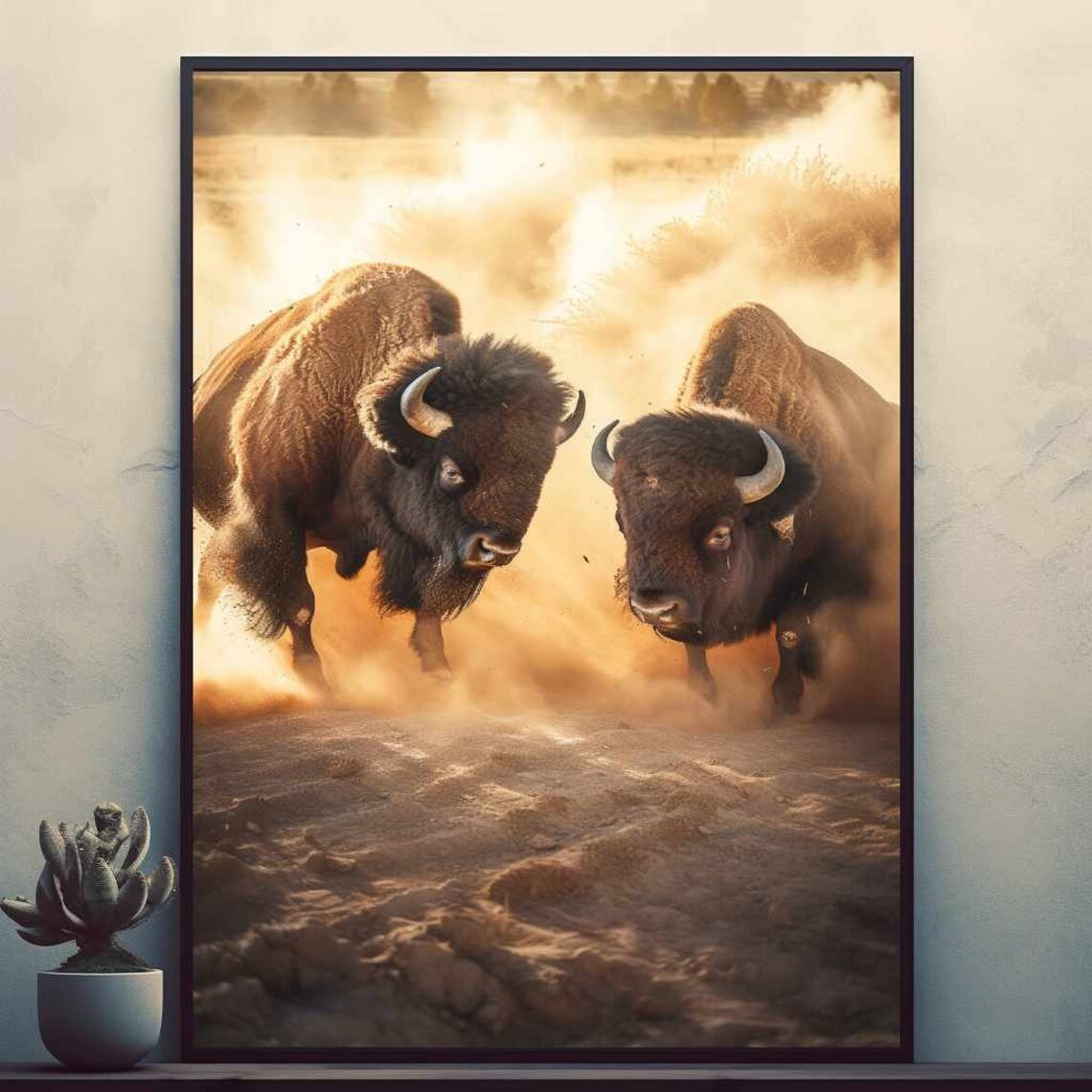 American Bison Battle Dusty Prairie Golden Hour Wildlife Poster