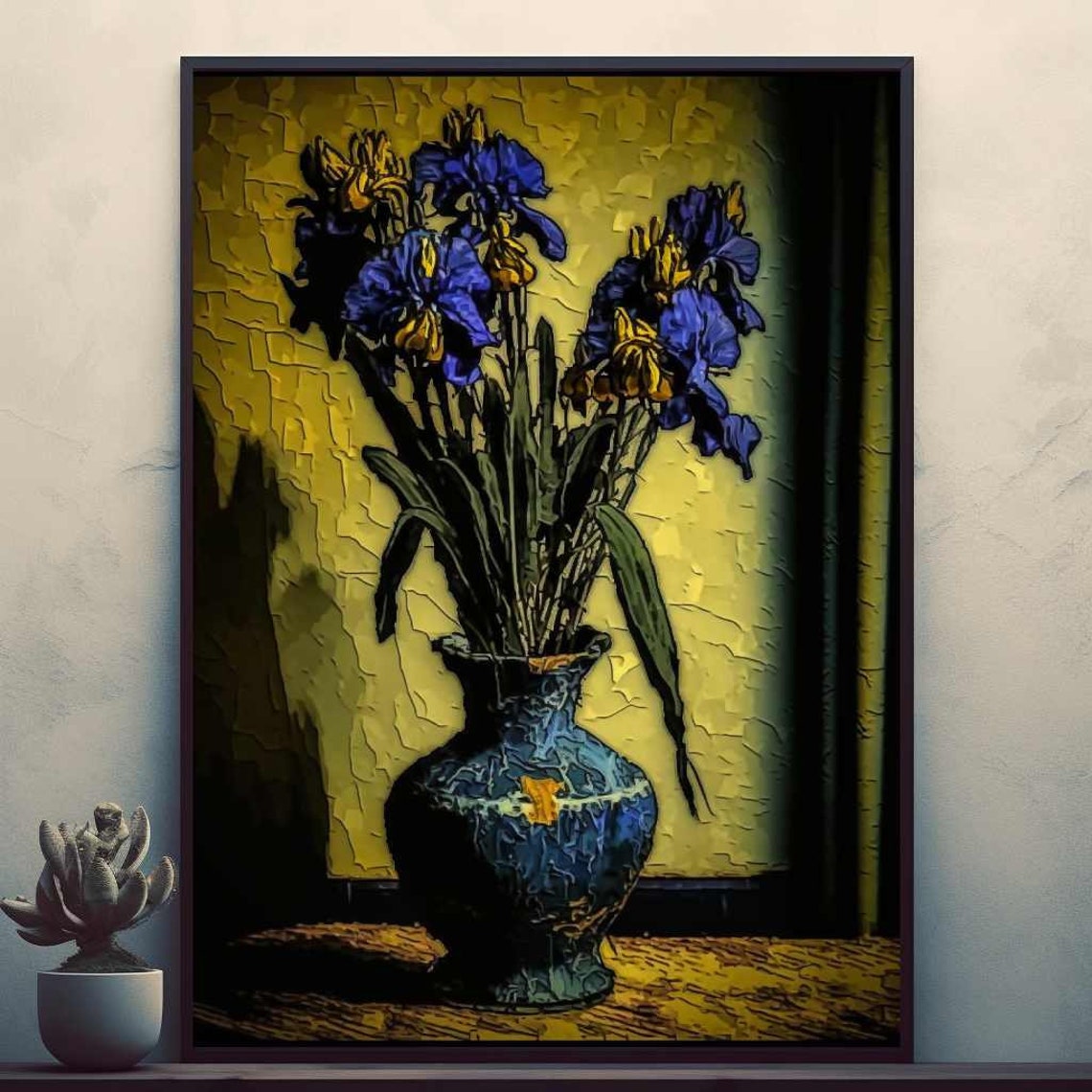 Vintage Van Gogh Style Blue Irises in Vase Floral Still Life Print