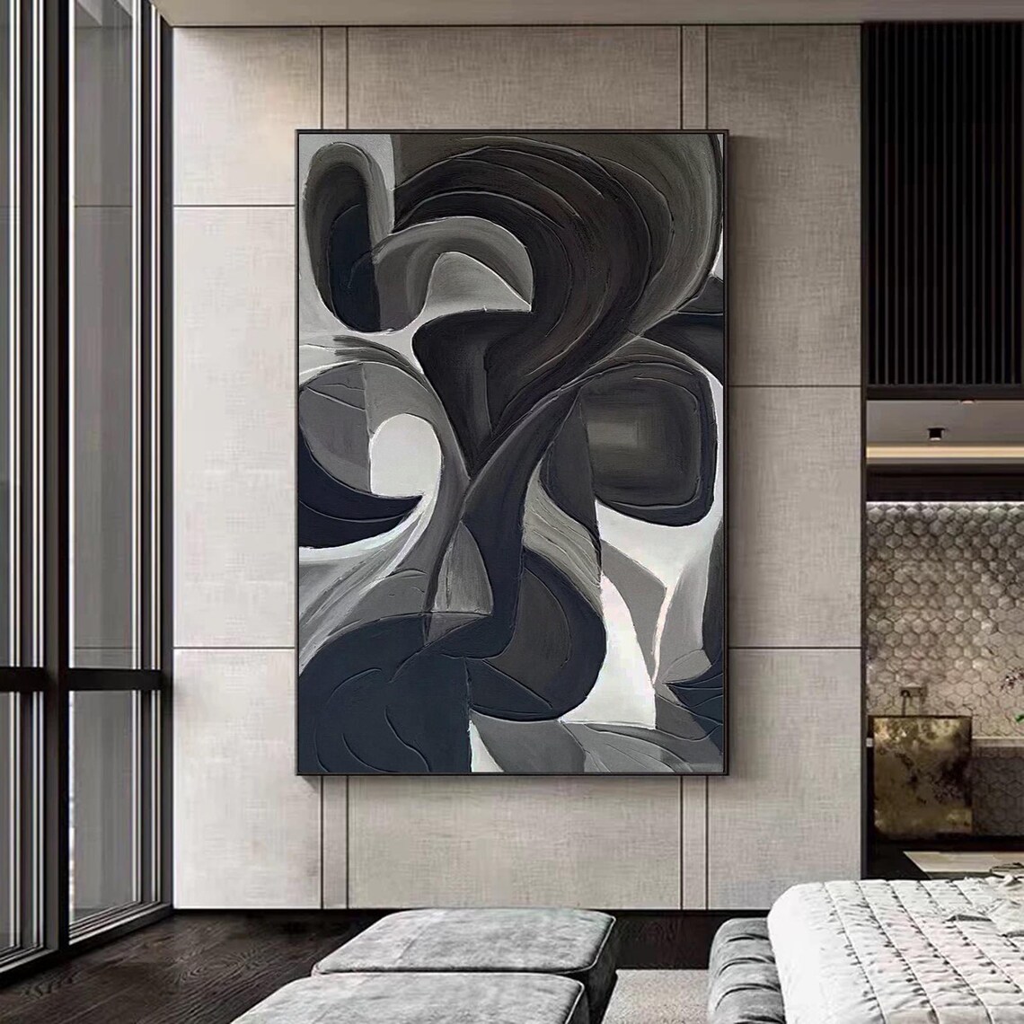 Abstract Black And Gray Texture Painting, Modern