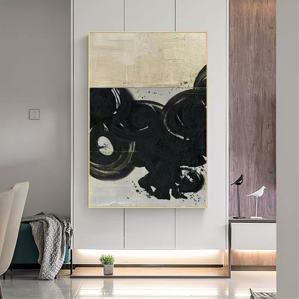 Black And Beige Abstract Texture Painting, Japandi