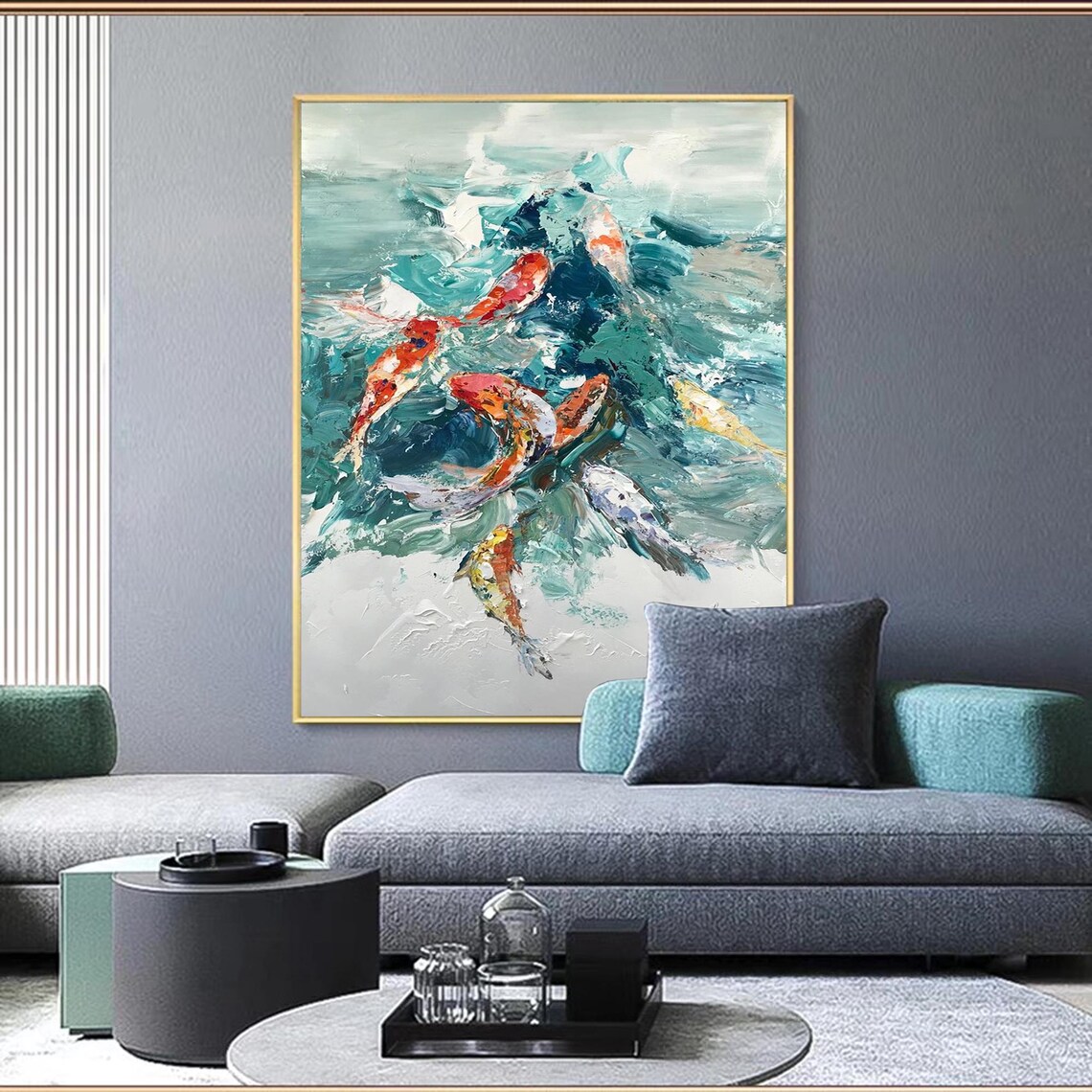Koi Fish Textured Acrylic Painting, Zen Modern Artwork - Image 3