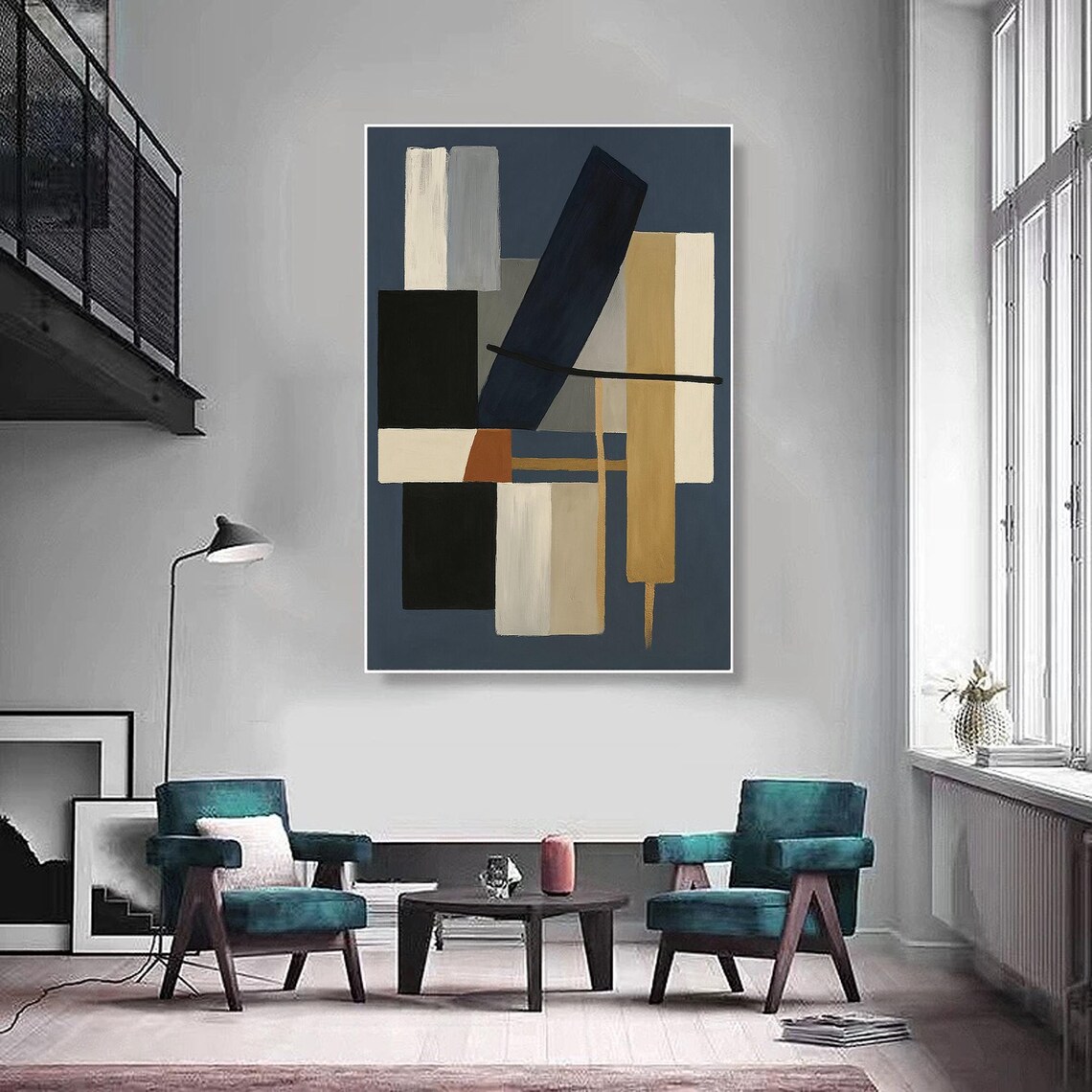 Blue Geometric Abstract Painting, Minimalist Shapes - Image 4