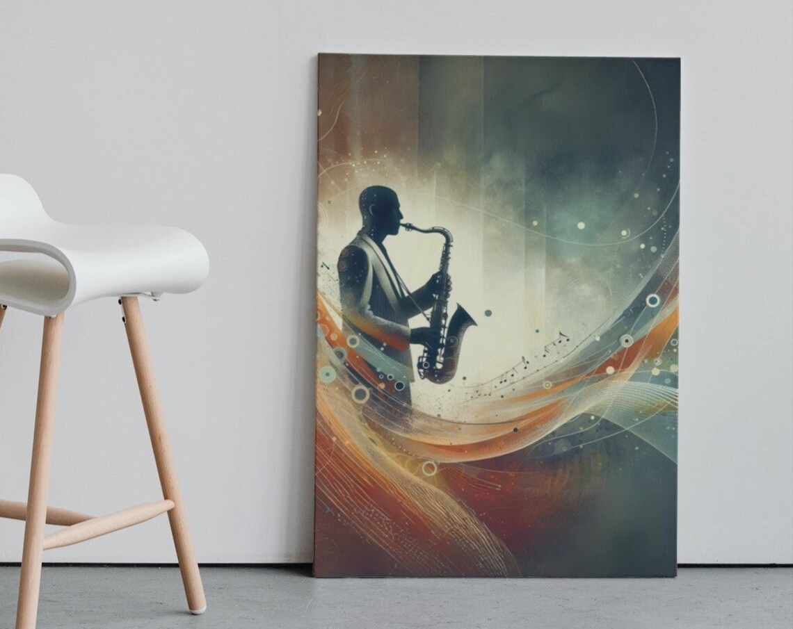 Jazz Saxophone Player Silhouette Abstract Music Notes Modern Wall Poster